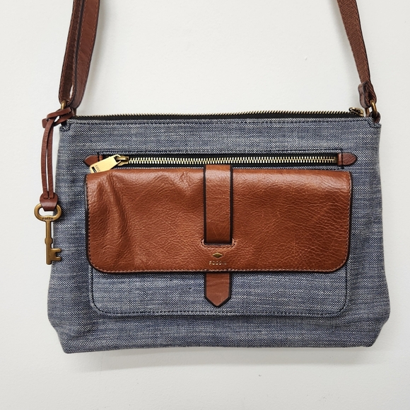 Fossil Kinley Crossbody Bag Chambray Blue Brown Leather Everyday Summer Classic - Picture 1 of 12